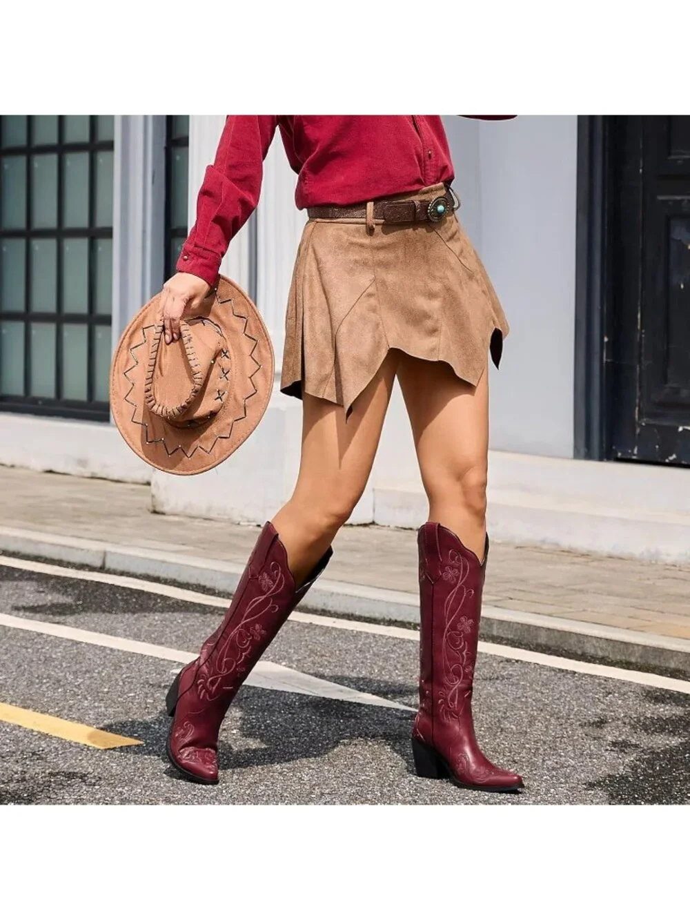 Women's Red Floral Knee High Cowgirl Boots Embroidered Pointed Toe Chunky Heel